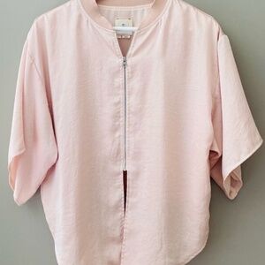 🌸 Anthropologie Hei Hei Pink Zip‑Front Bomber Jacket — Size Large